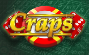 Large red and yellow casino chip with two red dice on either side, CRAPS spelled out in yellow font in front.